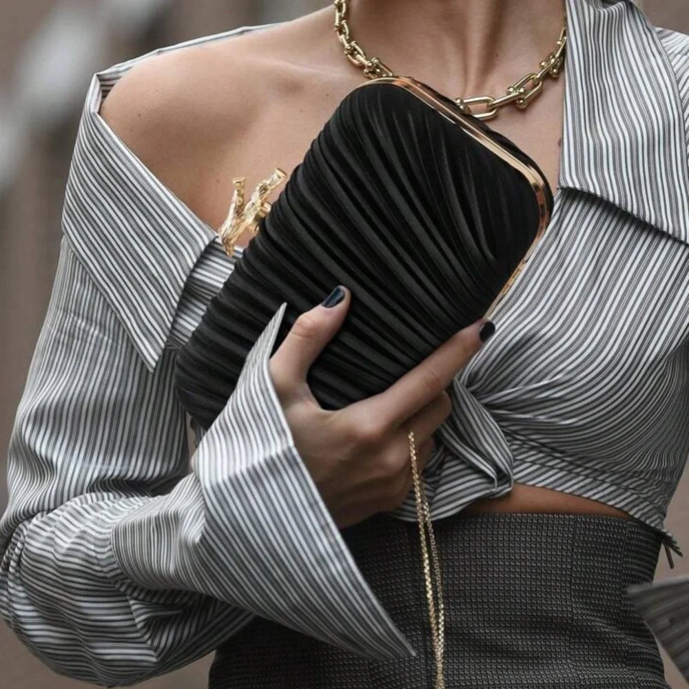 Elegant Black Pleated Evening Clutch with Gold Chain